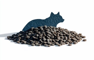 Wall Mural - Silhouette of a cat atop a pile of dry pet food against a white background.