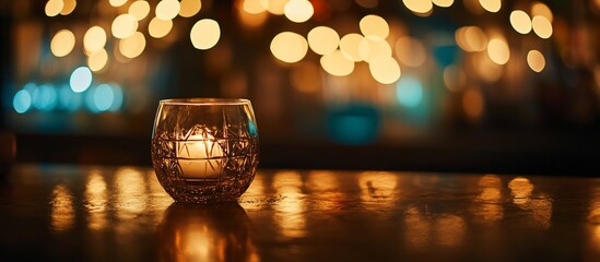 Poster - Lit candle in a glass on a bar counter with bokeh lights.