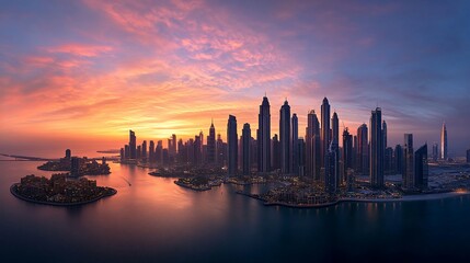 Wall Mural - Stunning sunrise cityscape panorama over a calm bay with modern skyscrapers and islands.