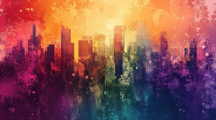 Poster - Colorful skyline cityscape is depicted with artistic abstract expression