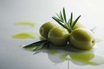 Wall Mural - green olives, brine soaked and garnished with a sprig of rosemary, placed on a clean white surface