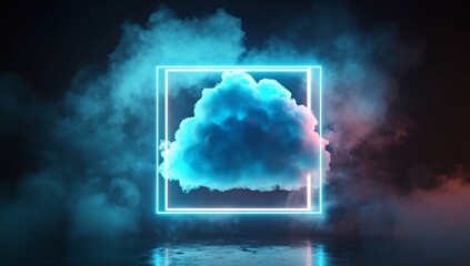 Wall Mural - glowing neon square frame encloses a vibrant blue cloud in a smoky, dark setting, reflecting on a gl