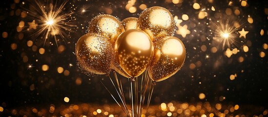 Wall Mural - Golden balloons with glitter and bokeh lights against a dark background.