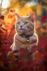 Wall Mural - Orange tabby cat sitting in autumn foliage, backlit by golden sunlight.