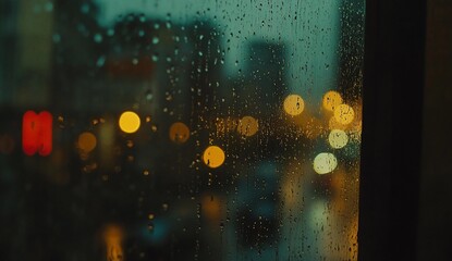 Wall Mural - Rainy night city view seen through a rain-streaked window.