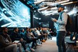 © BerkahStock - Young man presenting to a seated audience in a modern conference room, using a tablet.