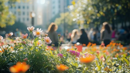 Poster - Vibrant flowers in foreground, blurred city background.