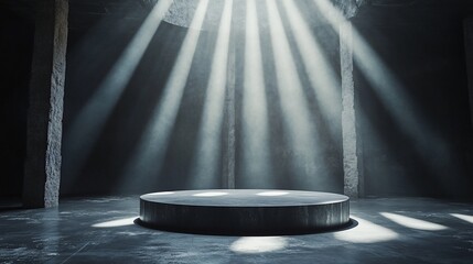 Poster - Dark room with sunbeams illuminating a circular platform.