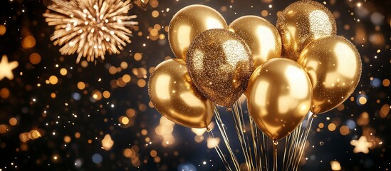 Wall Mural - Golden balloons and sparkling bokeh lights for celebratory event.