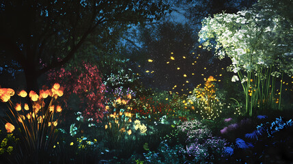 Wall Mural - A witch's herb garden at midnight, glowing plants, fireflies generative ai. Glowing Midnight Gardens. Illustration