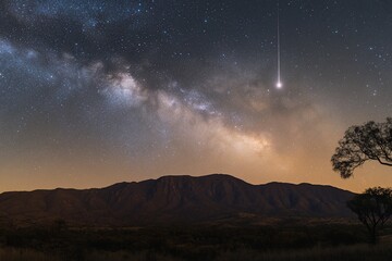 Wall Mural - milky way galaxy, meteor shower, and silhouetted mountain range at night.