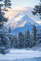 Poster - Snow-covered pine trees frame a majestic snow-capped mountain peak at sunrise.