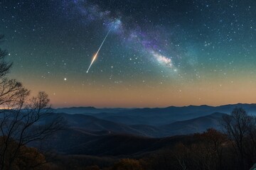 Wall Mural - night sky panorama with milky way galaxy, shooting star, and mountain range.