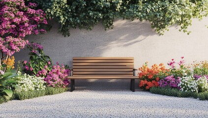 Wall Mural - Wooden bench in a vibrant garden with flowering plants and a beige wall background.