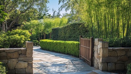 Poster - Serene garden path leads to wooden gate, flanked by stone walls and lush greenery including bamboo.