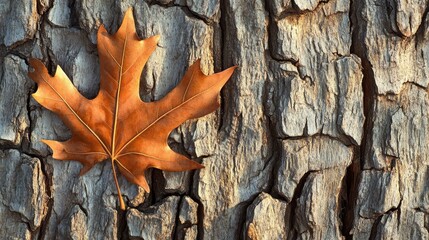 Wall Mural - Capture the beauty of autumn with stunning oak leaves clinging to textured tree bark against a clean, serene backdrop.