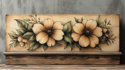 Wall Mural - Beige Floral Painting on Wood Panel with Green Leaves Rustic Wall Decor Art