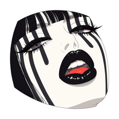 Aufkleber - stylized illustration of woman face with dramatic black and white makeup, featuring bold black lips and red accents, creating striking and expressive visual