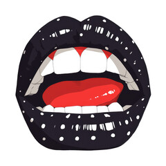 Aufkleber - stylized illustration of lips with red tongue and white teeth, featuring black and white polka dot pattern. bold design creates striking visual effect