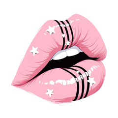 Aufkleber - Glossy pink lips with star decorations and black stripes on transparency background