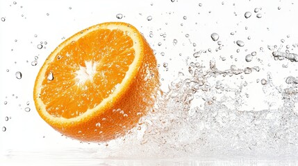 A juicy orange floating mid-air with water droplets splashing around, isolated on a clean white background with copy space.