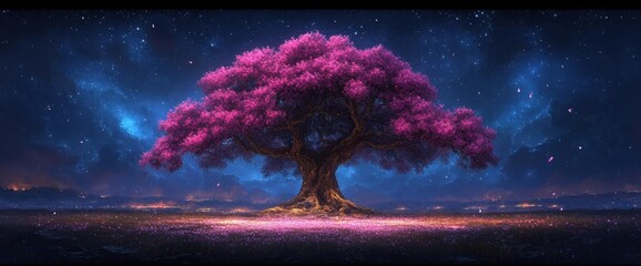 Wall Mural - Pink Blossomed Tree under Starry Night Sky with City Lights in the Distance