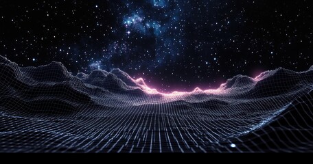Fototapete - Futuristic Low Poly Landscape with Geometric Mountain Range and Starry Night Sky