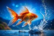 © Sirinporn - Goldfish Leaping: Aquatic Grace in Blue Water - Stunning Stock Photo