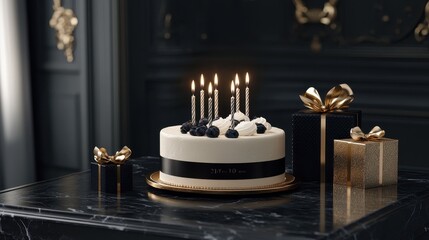 Wall Mural - Elegant birthday scene, stylish cake with candles, luxury gift boxes, and a sophisticated greeting card. 