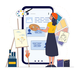 Poster - A woman artist painting on a digital interface, holding a palette and brush, surrounded by color swatches and sketches. Creative design and digital art concept. Vector illustration