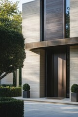 Wall Mural - Modern architecture harmoniously merges opulence with the beauty of nature, creating a tranquil and inviting residential entrance at twilight