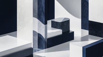 Wall Mural - An abstract geometric landscape featuring contrasting shades of deep blue and white, creating a harmonious play of light and shadow.