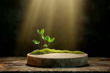 Wall Mural - Green Plants on Moss-Covered Wooden Platform