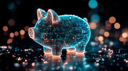 Wall Mural - Digital Wireframe Piggy Bank Model