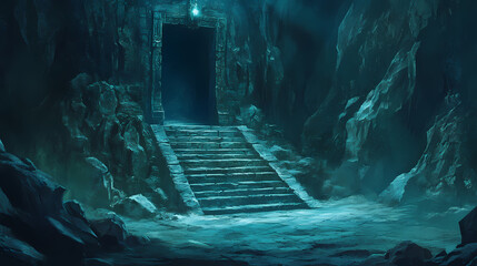 Wall Mural - Mysterious cavern entrance with stone steps leading to a dark temple. Chasm of the Forgotten. Illustration