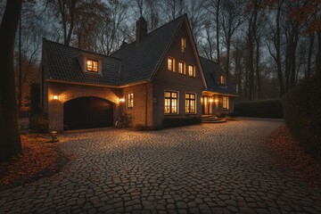 Wall Mural - Nestled amid lush trees, this inviting suburban home glows warmly at dusk, featuring a charming cobblestone driveway and soft outdoor lighting