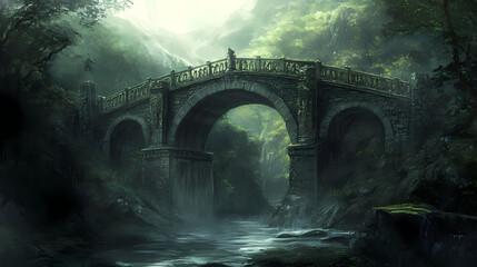 Wall Mural - An ancient stone bridge with intricate carvings, spanning a mystical chasm in a forgotten land, steeped in legends and tales of old, generative ai. Chasm of the Forgotten. Illustration