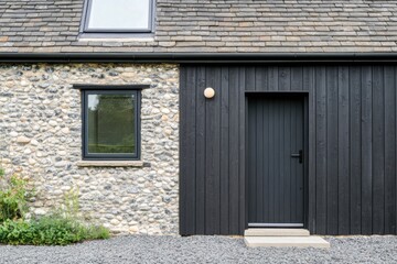 Wall Mural - Modern black wooden entrance to a stone cottage with large window and gravel pathway surrounded by greenery in a tranquil setting