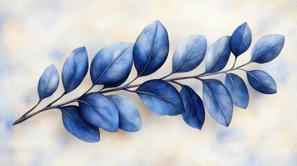 Wall Mural - Illustration of Blue Leaves Branch on Beige Textured Background with Intricate Pattern