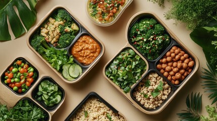 Wall Mural - Vegan meal boxes with plant-based foods, eco-conscious packaging design.