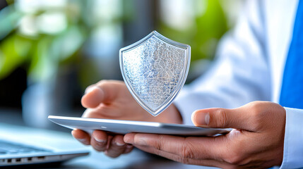 Poster - Businessman holding shield protecting cybersecurity icon in modern office environment