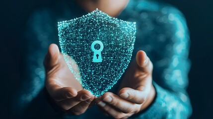 Poster - businessman holding cyber shield icon in digital environment concept of cybersecurity protection