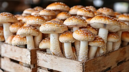 Wall Mural - A cluster of fresh mushrooms displayed in wooden crates.