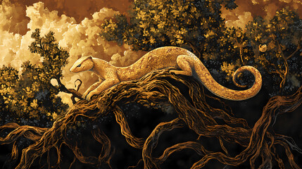 Poster - Mongoose's sinuous form glistens in golden light amidst twisting mangrove roots, with corkscrew clouds hinting at a tropical storm's approach. Golden Storm Serpents. Illustration