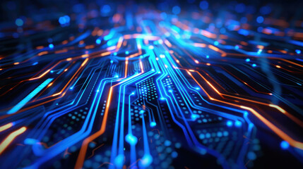 Poster - close up view of vibrant circuit board with blue and orange lights, showcasing intricate patterns and connections that evoke sense of technology and innovation