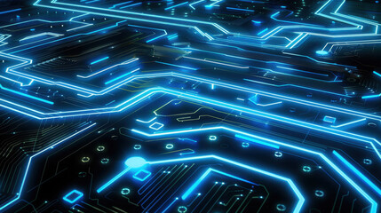 Aufkleber - close up view of glowing circuit board with blue neon lines, showcasing intricate patterns and connections, ideal for technology and digital themes