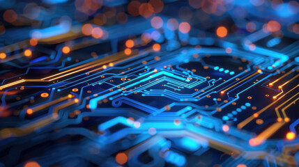 Aufkleber - Digital circuit board with glowing blue and orange lines, representing technology and innovation. intricate patterns create futuristic feel, ideal for tech related themes
