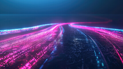 Poster - Vibrant neon light trails create dynamic and futuristic atmosphere, showcasing blend of pink and blue colors on dark background