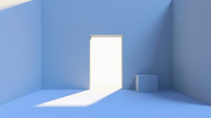 Poster - minimalist room with bright doorway and cube, creating serene atmosphere. soft light enhances simplicity and tranquility of space
