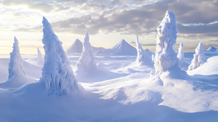 Wall Mural - Snow-covered alien landscape with sharp ice spires, harsh and cold environment, soft light reflecting on snow, distant mountains, desolate and surreal. Illuminated Ice Spires. Illustration